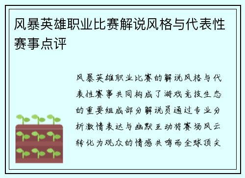 风暴英雄职业比赛解说风格与代表性赛事点评