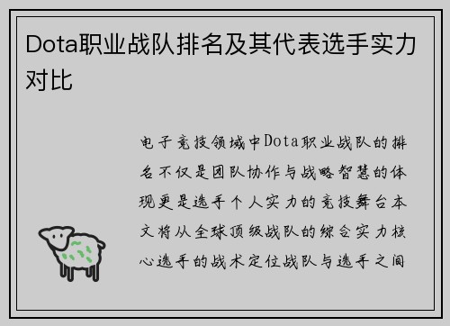 Dota职业战队排名及其代表选手实力对比